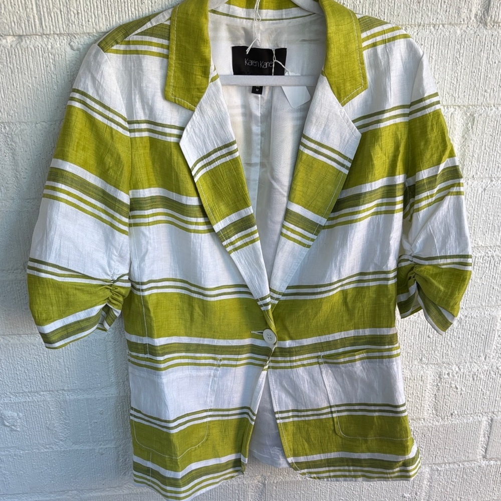 Karen Kane Linen Cotton Classic Striped Green White Blazer Jacket sz M